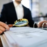 Business professional examining financial documents with a magnifying glass during a SARS audit.