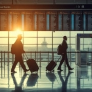 Travellers entering South Africa walking through airport terminal with luggage