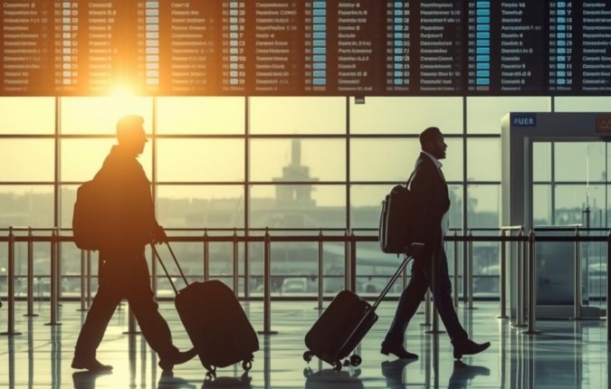 Travellers entering South Africa walking through airport terminal with luggage