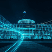 Modern South African finance ministry building or Parliament, contemporary architectural perspective, abstract digital light patterns flowing across building facade, sleek futuristic aesthetic, South - VAT registration threshold
