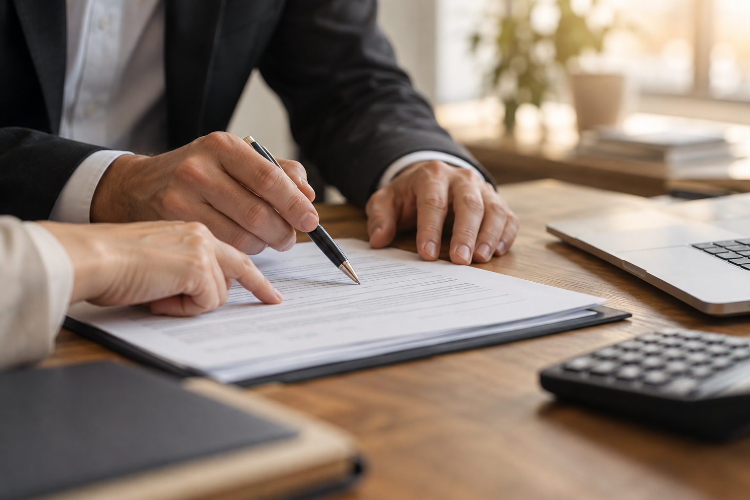 Hands reviewing payroll documents beside a laptop and calculator